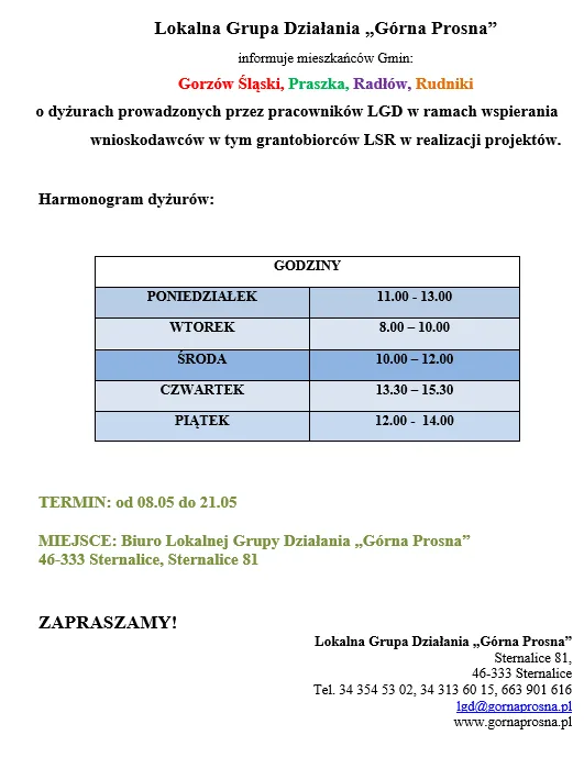Terminy konsultacji w ramach ogłoszonych naborów